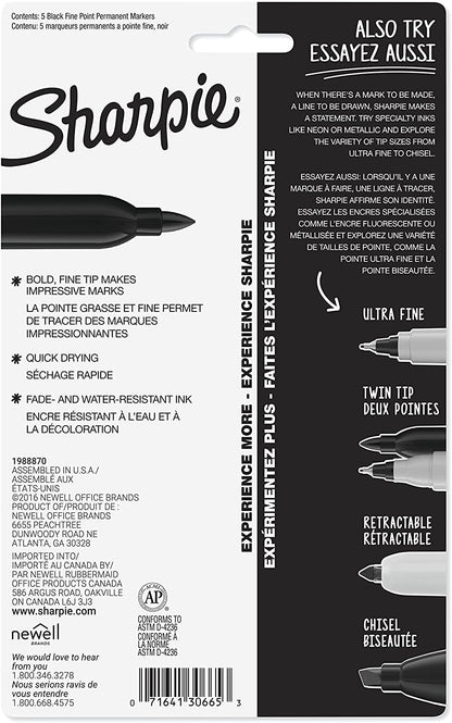 Permanent Markers, Fine Point, Black, 5 Count