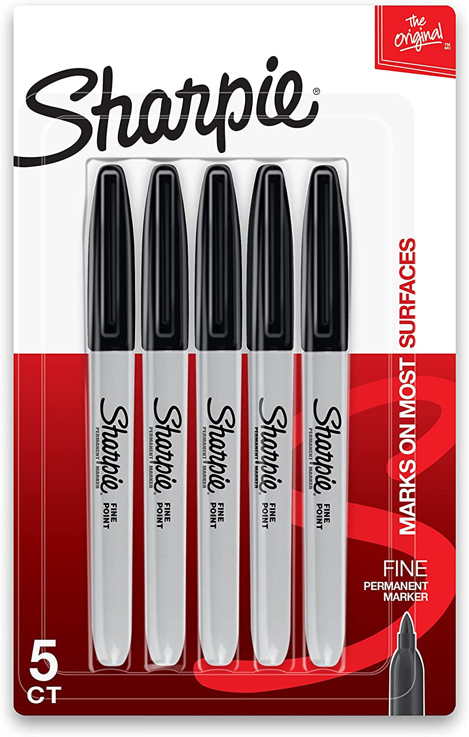 Permanent Markers, Fine Point, Black, 5 Count