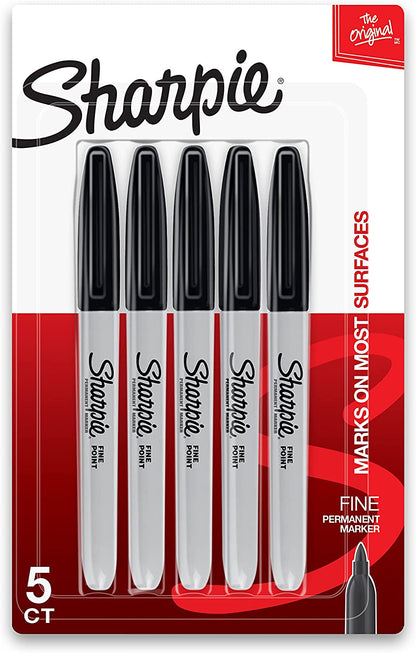 Permanent Markers, Fine Point, Black, 5 Count