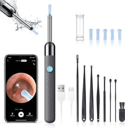 Ear Wax Removal - Earwax Remover Tool with 8 Pcs Ear Set - Ear Cleaner with Camera - Earwax Removal Kit with Light - Ear Camera with 6 Ear Spoon - Ear Cleaner for Ios & Android (Black)