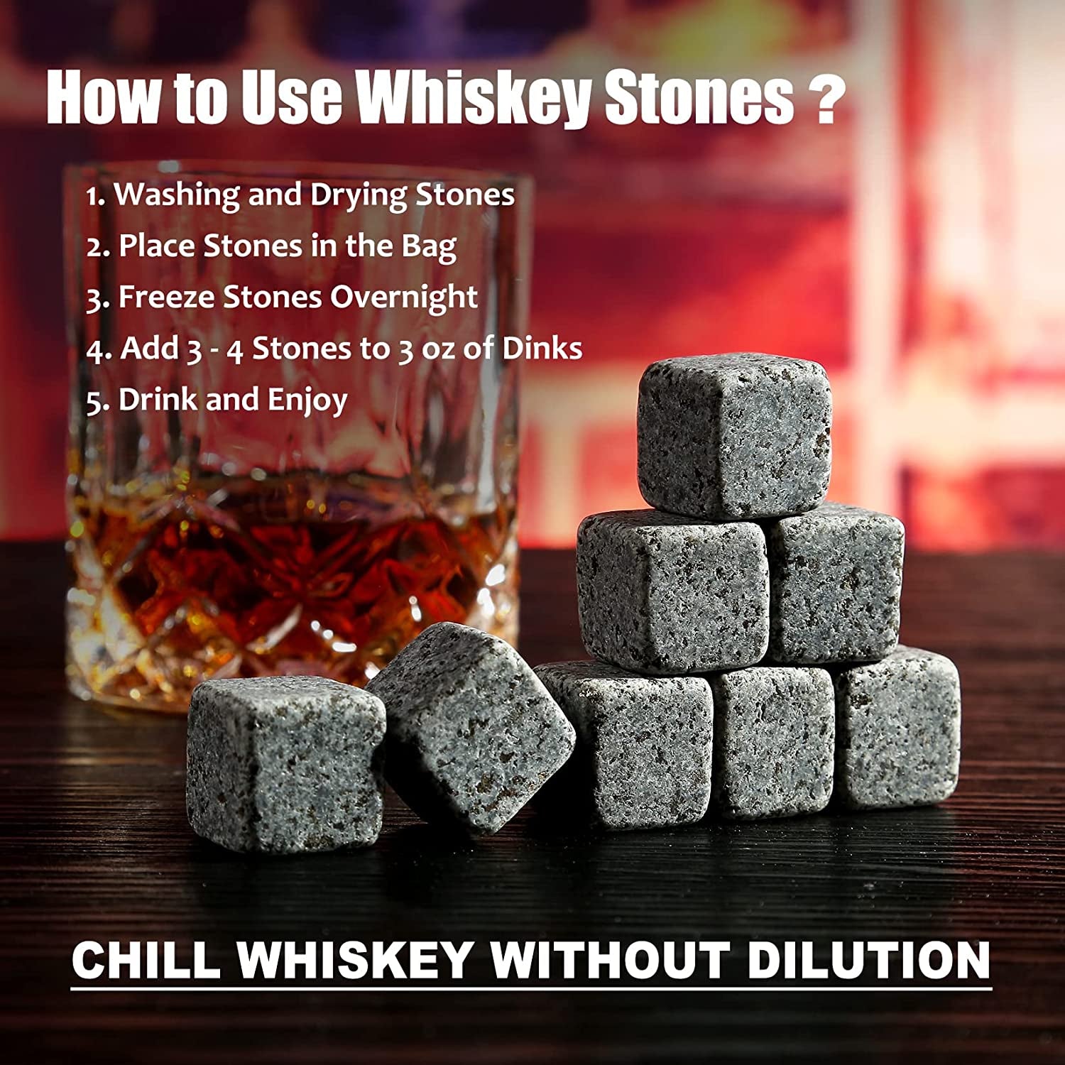 Whiskey Stones Gift Set - Whiskey Glass Set of 2 - Granite Chilling Whiskey Rocks - Scotch Bourbon Box Set - Best Drinking Gifts for Men Dad Husband Birthday Party Holiday Present