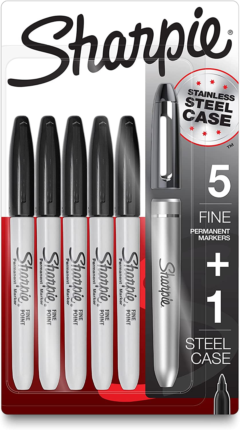 Permanent Markers, Fine Point, Black, 5 Count